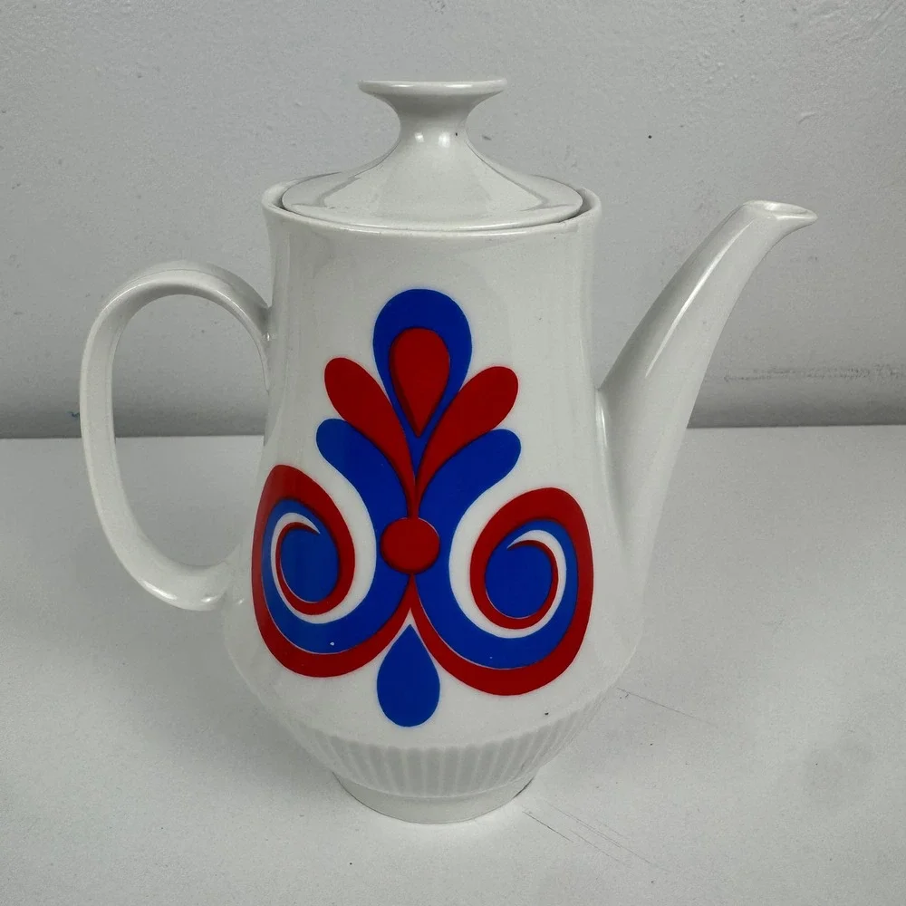 Vintage Colditz Porcelain Coffee Pot GDR East Germany Red Blue MCM‎ Ceramic Lid